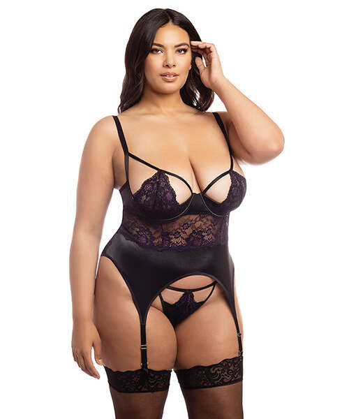 Demi Padded Shelf Cup Merrywidow w/Overlay Lace & Panty Black/Heliotrope 1X