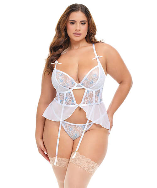 Elena Floral Embroidered Bustier w/Ruffles & Matching Panty - White 1X
