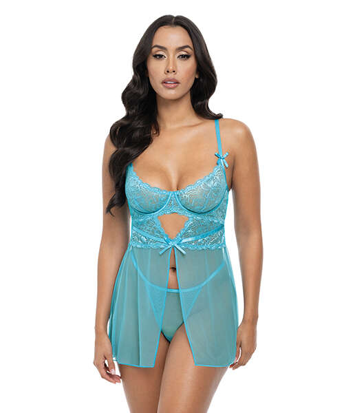 Emma Floral Lace & Mesh Underwire Babydoll w/G-String 2 pc Set - Beach Blue XL