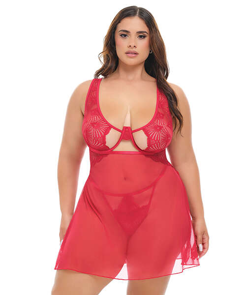 Tiana Lace Babydoll w/Side Slits & Strap Details - Red 1X/2X