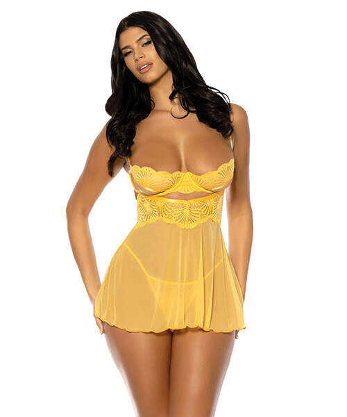 Hazel Peek-A-Boo Cup Babydoll w/G-String Panty - Yellow L/XL