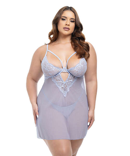 Elsie Lace & Mesh Underwire Babydoll w/G-String 2 pc Set - Brunnera Blue 1X/2X