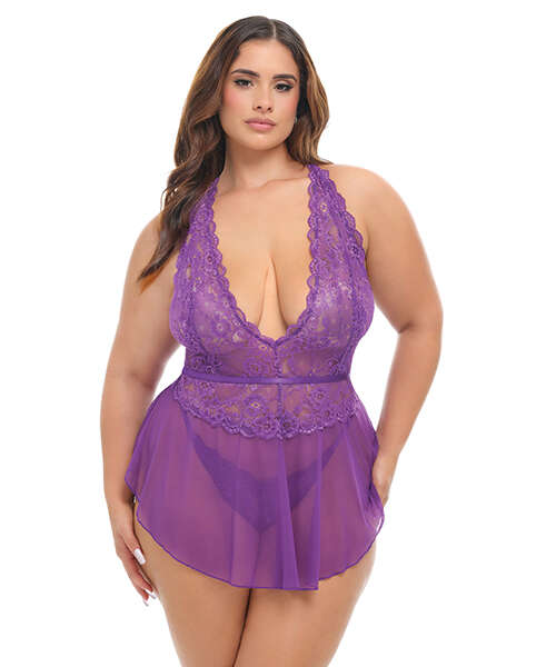 Harmony V-Plunge Lace & Mesh Babydoll w/G-String - Purple 1X/2X