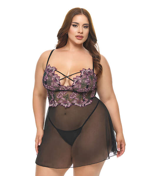 Adela Embroidered Boned Lace and Mesh Babydoll w/G-String 2 pc Set - Black/Pink 2X