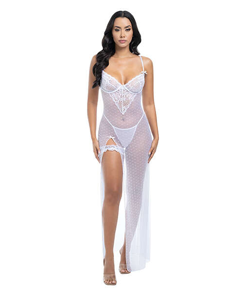 Livia Dot Mesh & Lace Underwire Gown & Garter 2 pc Set - White L/XL