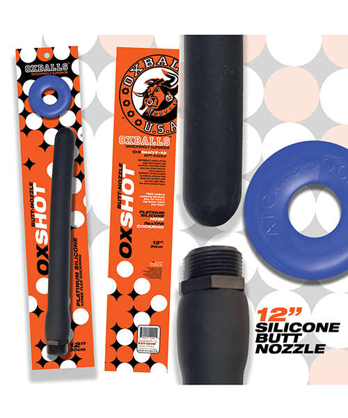 Oxballs Oxshot 12" Silicone Butt Nozzle w/Flex Cockring - Black/Blue