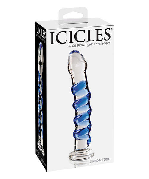 Icicles No. 5 Hand Blown Glass Massager - Clear w/Blue Swirls