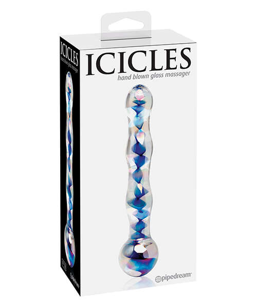 Icicles No. 8 Hand Blown Glass Massager - Clear w/Inside Blue Swirls