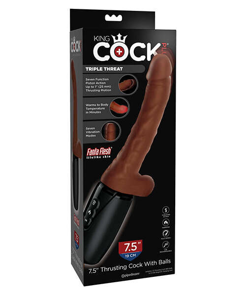 King Cock Plus Thrusting, Warming & Vibrating 7.5" Triple Threat Dong - Brown