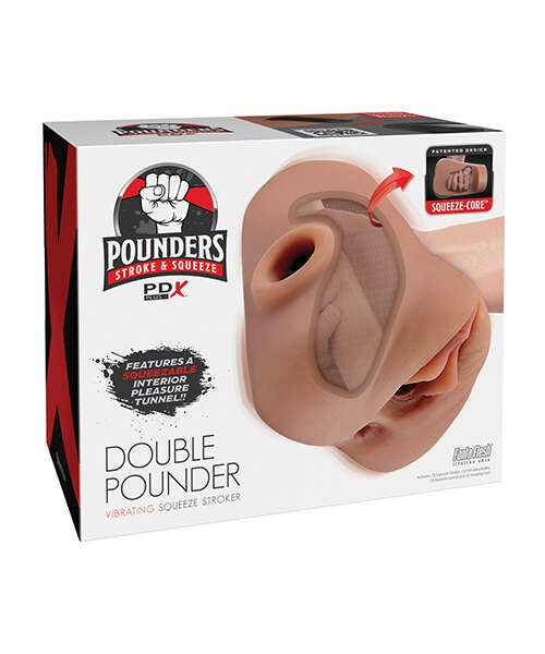 PDX Plus Double Pounder Vibrating Squeeze Stroker - Brown