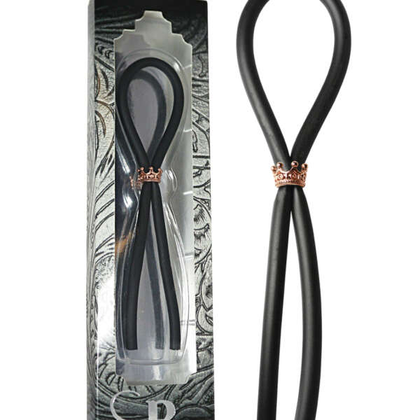 Bolo Silicone Lasso w/Rose Gold Crown Slider Ring - Black