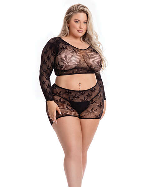Pink Lipstick Leaf it to Me Long Sleeve Crop Top & Short Black QN