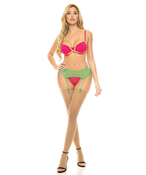 Pink Lipstick Come to Me Bra, Garter Belt & G-String Neon M/L