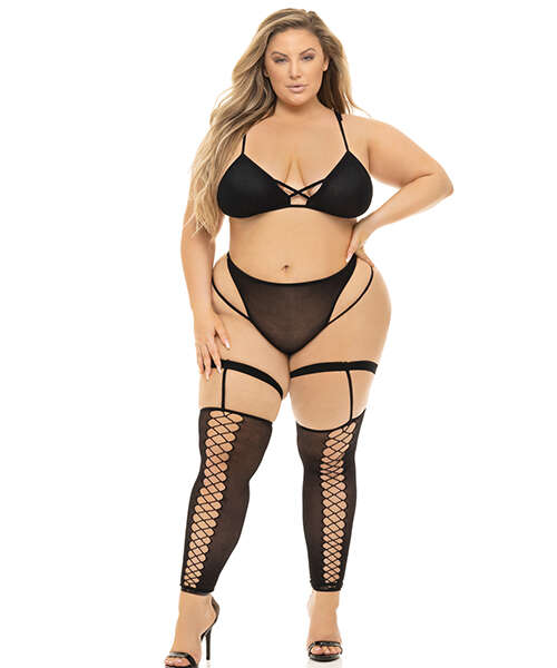 Pink Lipstick Want You Now Bra, Panty & Stockings Black QN