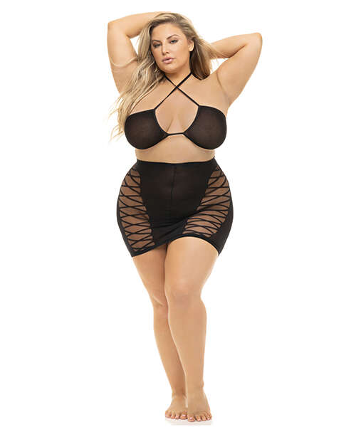 Pink Lipstick Hold On Tight Halter Bra & Skirt Black QN