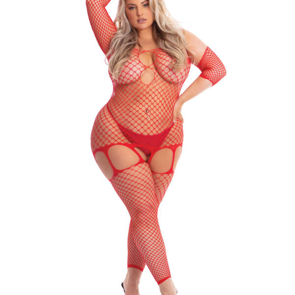 Pink Lipstick In My Head Net Bodystocking Red QN