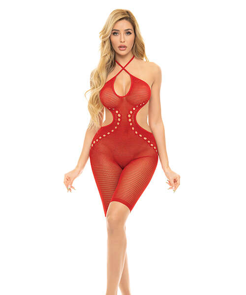 Pink Lipstick Fill Me In Bodystocking Red O/S