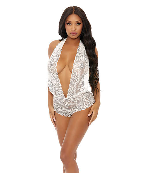 Sheer Lace Deep V Halter Bodysuit w/Open Crotch White XL