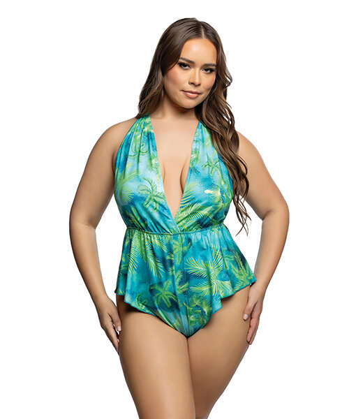 Tropical Dream Romper w/Jungle Print, Flared Leg Opening, & Cheeky Back - Green/Blue 1X/2X