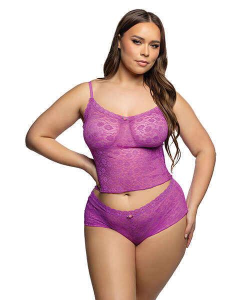 Lacy Lounger Floral Lace Camisole w/Matching Shorts - Fuchsia 1X/2X