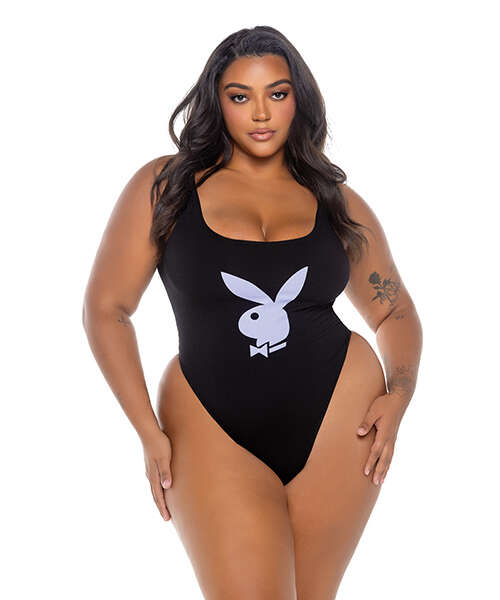 Playboy Scoop Neck Teddy w/Thong Back & Bunny Logo - Black/Lavender 1X