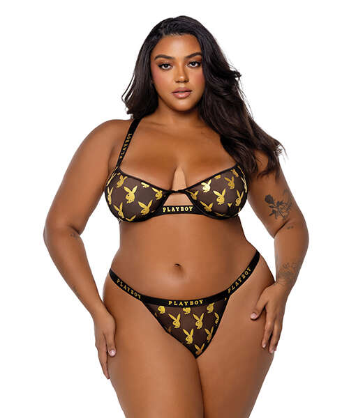 Playboy Gold Foil Mesh & Satin Bralette w/Thong 2 pc Set - Black/Gold 1X