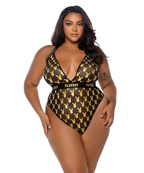 Playboy Bunny Gold Foil Halter Teddy - Black/Gold 2X