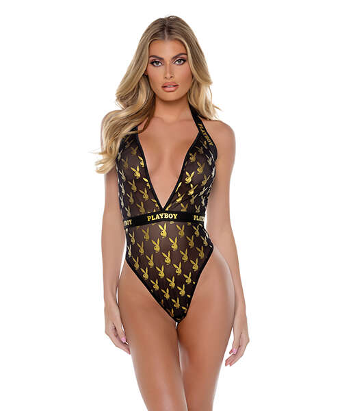 Playboy Bunny Gold Foil Halter Teddy - Black/Gold SM