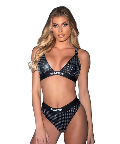 Playboy Disco Fever Rhinestone Bralette w/Thong 2 pc Set - Black XL