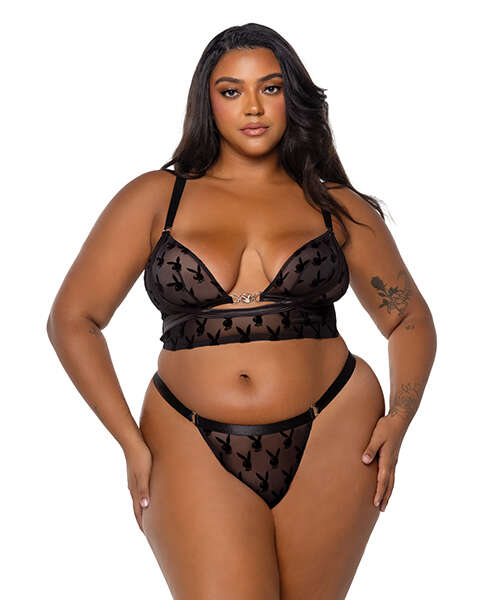 Playboy Bunny Charm Mesh Bralette w/Thong 2 pc Set - Black 2X