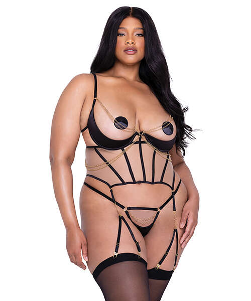 Caged Temptress Satin & Tulle Bustier w/Draped Chain Detail & Thong Black 1X