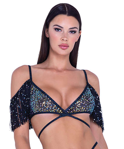Sequin Fishnet Fringe Top - Black/Multi SM