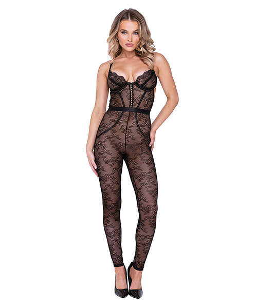 Chantilly Stretch Lace Sleeveless Catsuit w/Satin Trim Black XL