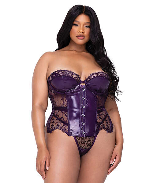 Sugar Plum Scalloped Eyelash Lace & Faux Leather Bustier w/Steel Boning & Thong Purple 1X