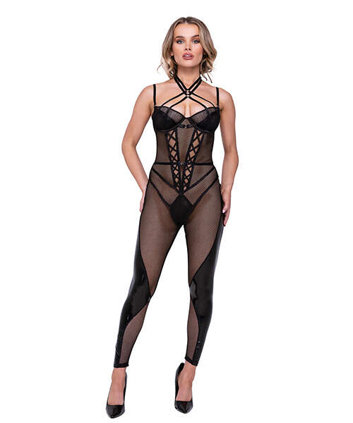 Flirty Fetish Fishnet & Faux Leather Catsuit w/Satin Trim Black MD