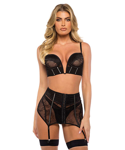 Belle Noir Chantilly Lace and Satin Garter Skirt 3 pc Set - Black XL