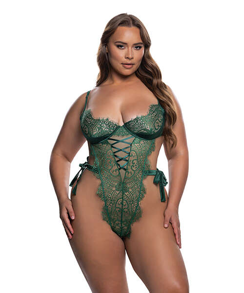 Dreamer's Lust Lace and Satin Teddy - Green 2X