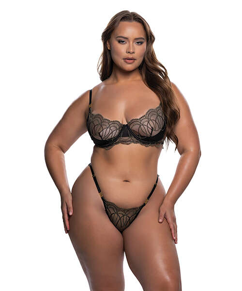 Beaded Belle Metallic Embroidery w/Bead Lace Underwire Top & Panty 2 pc Set - Black/Gold 1X