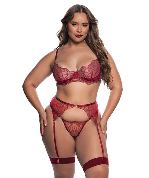 Beaded Belle Metallic Embroidered w/Bead Lace Top, Thong & Garter 3 pc Set - Red 1X