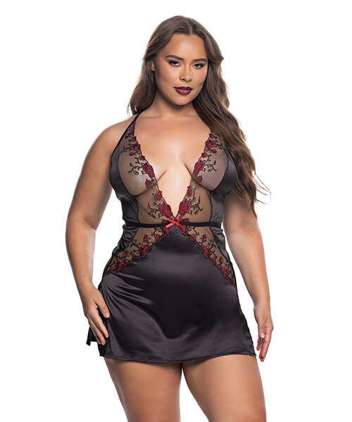 Blossom Beauty Embroidered Rose Lace Babydoll - Black/Red 2X