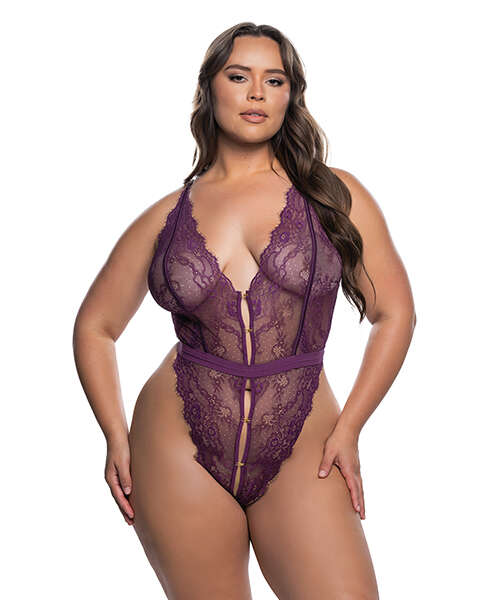 Floral Lace Fetish Teddy - Purple 1X/2X