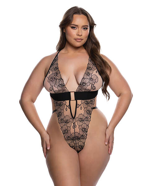 Orchid Blossom Embroidered Teddy - Black/Nude 2X