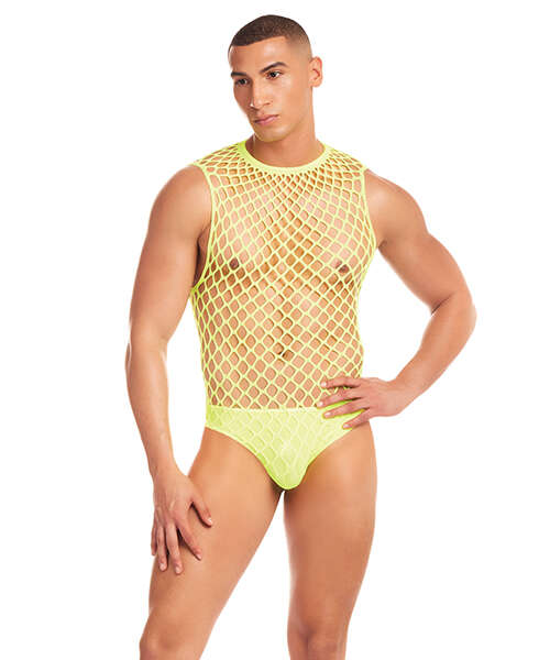 Rainbow Party Full Effect Large Mesh Unitard 2 pc Set w/Thong - Yellow S/M