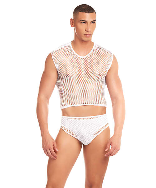 Rainbow Party Net-Flex Large Mesh 3 pc Set w/Thong - White S/M