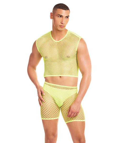 Rainbow Party Net-Bula Large Mesh Long Brief 3 pc Set w/Thong - Yellow L/XL
