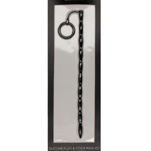 Shots Ouch Urethral Sounding Silicone Plug & Cock Ring Set - Black