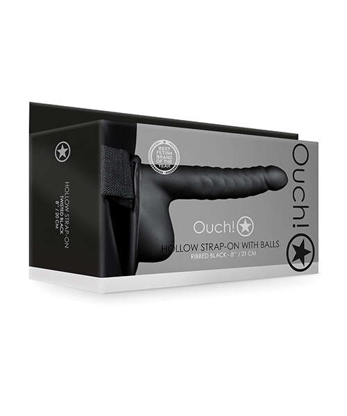 Shots Ouch 8" Ribbed Hollow Strap On w/Balls - Black