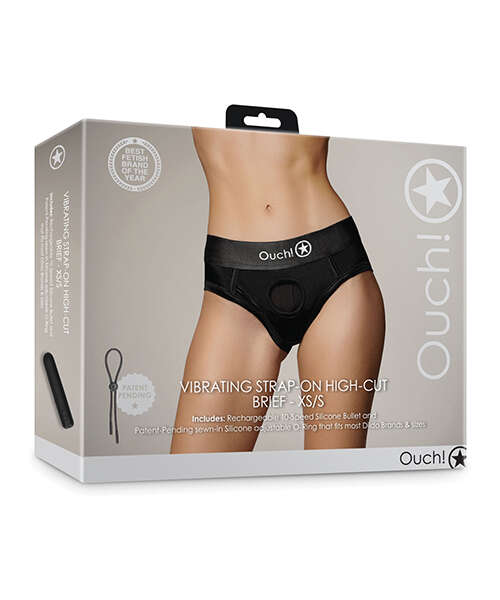 Shots Ouch Vibrating Strap On High-Cut Brief - Black XS/S