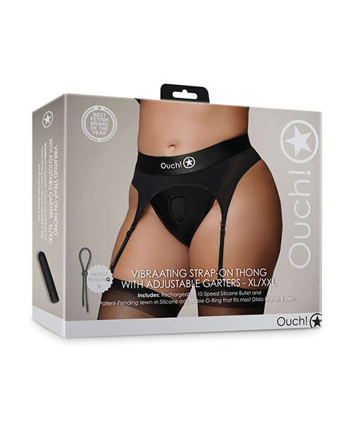 Shots Ouch Vibrating Strap On Thong w/Adjustable Garters - Black XL/XXL