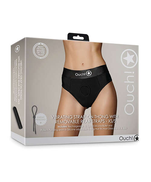 Shots Ouch Vibrating Strap On Thong w/Removable Rear Straps - Black XS/S